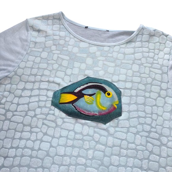 Tops - Upcycled One of a kind Whimsical Blue Fish Patch Embellished Short Baby Tee L